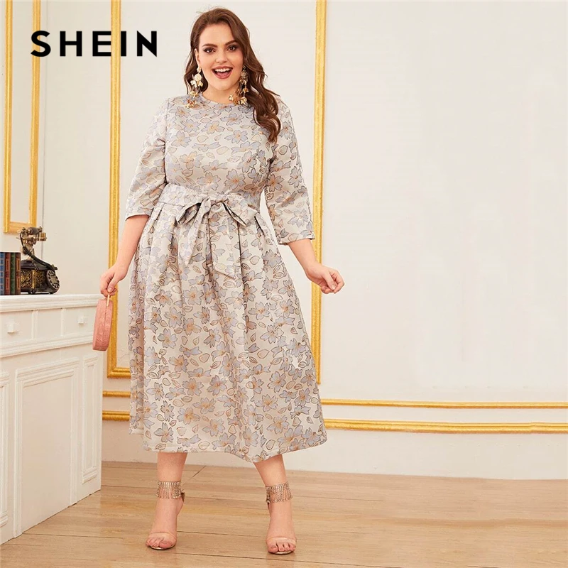 

SHEIN Plus Size Pastel Zipper Back Jacquard Dress With Belt Women Spring Glamorous Elegant A-Line Flared Long Dresses