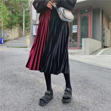 Женская бархатная плиссированная цветная контрастная винтажная юбка, элегантная зима весна Высокая талия длинная юбка Макси Faldas Mujer Moda