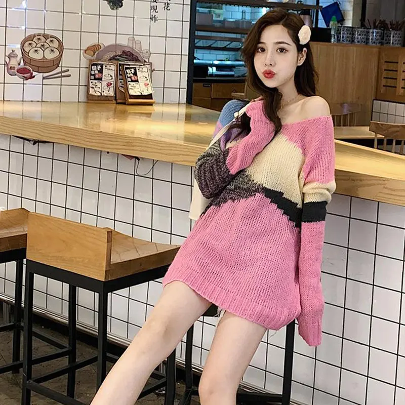 Women Sweater Winter Clothes Korean Autumn Color Block Pattern Plus Size knitted Sweater Female Long Sleeves Sweater Women Coat