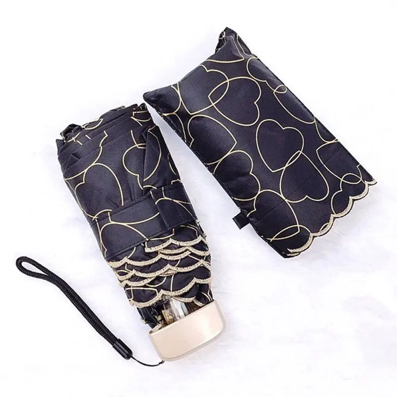 1pc Five Folding Rainy Day Pocket Umbrella Mini Waterproof Sun Protection Flat Handle Women Girls Outdoor Portable Parasol - Color: love black