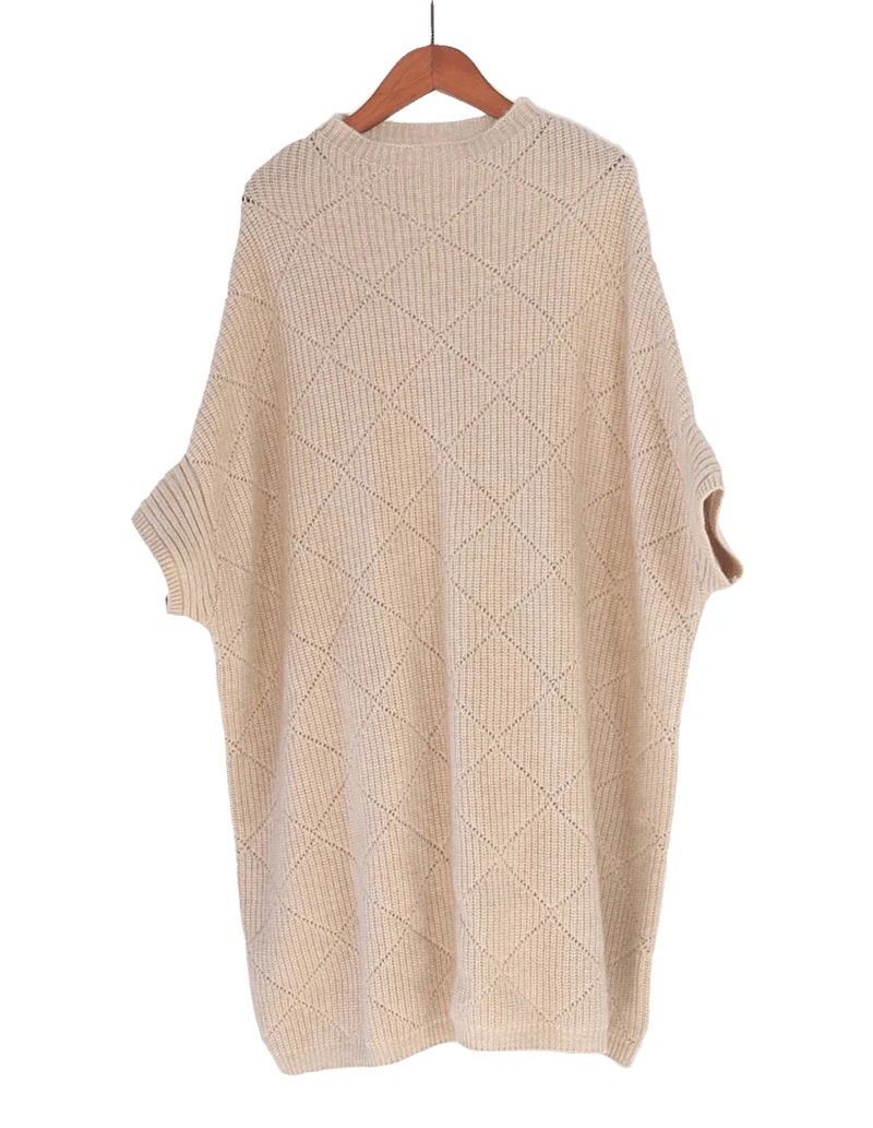 pure goat cashmere knit argyle plaid hollow out women long pullover sweater batwing short sleeve Oneck one&over size