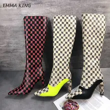 Emma King Роскошные алфавитные; смешанных цветов; с принтом средней длины на плюшевой подкладке, женская обувь с острым носком странный стиль каблука Модные ботильоны