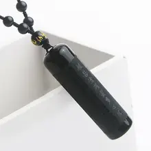 

Natural Black Obsidian Chinese Painting Calligraphy Buddhism Pendant 61x17mm Barrel Shape 6mm Beads Necklaces AAAAA