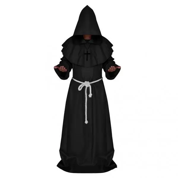 Friar Medieval Hooded Monk Priest Robe Cloak Costume Cosplay Black S