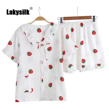 

100%Cotton Pajamas Women's Summer New Cozy Casual Cute Cartoon Print Sleepwear Lady Short-sleeve Shorts Two-piece Set Homewear