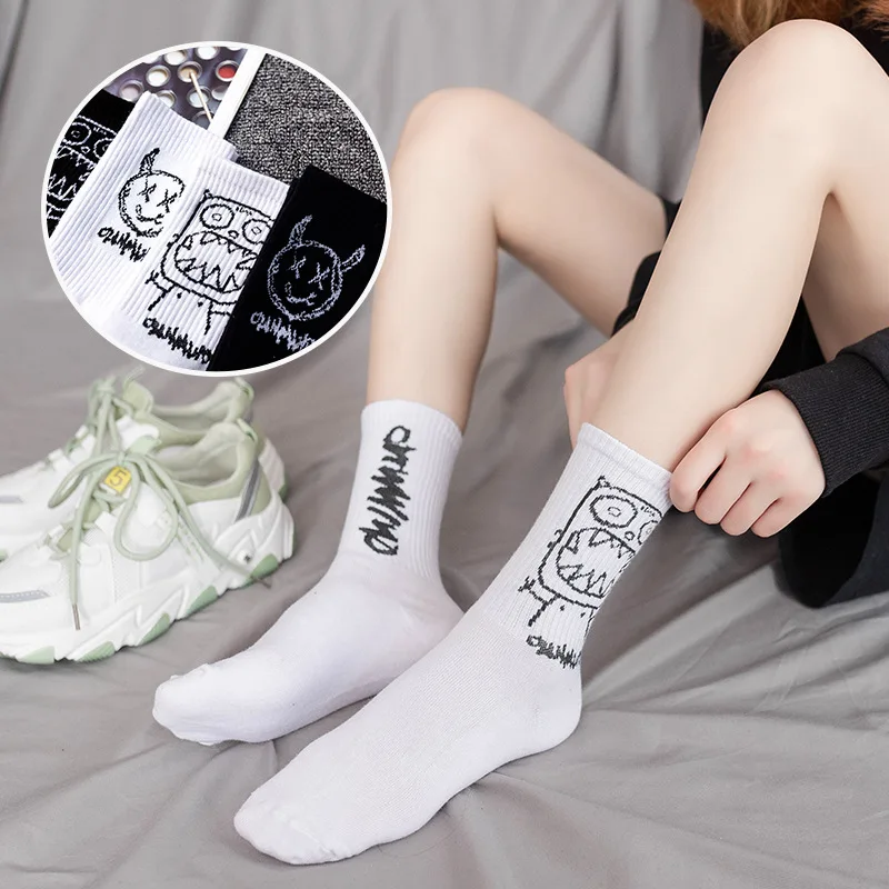 Cotton Cartoon Pattern Hip Hop Style Breathable Mid Tube Socks Women Skateboard Socks 1Pair Soft Long Sock for Men Japanese