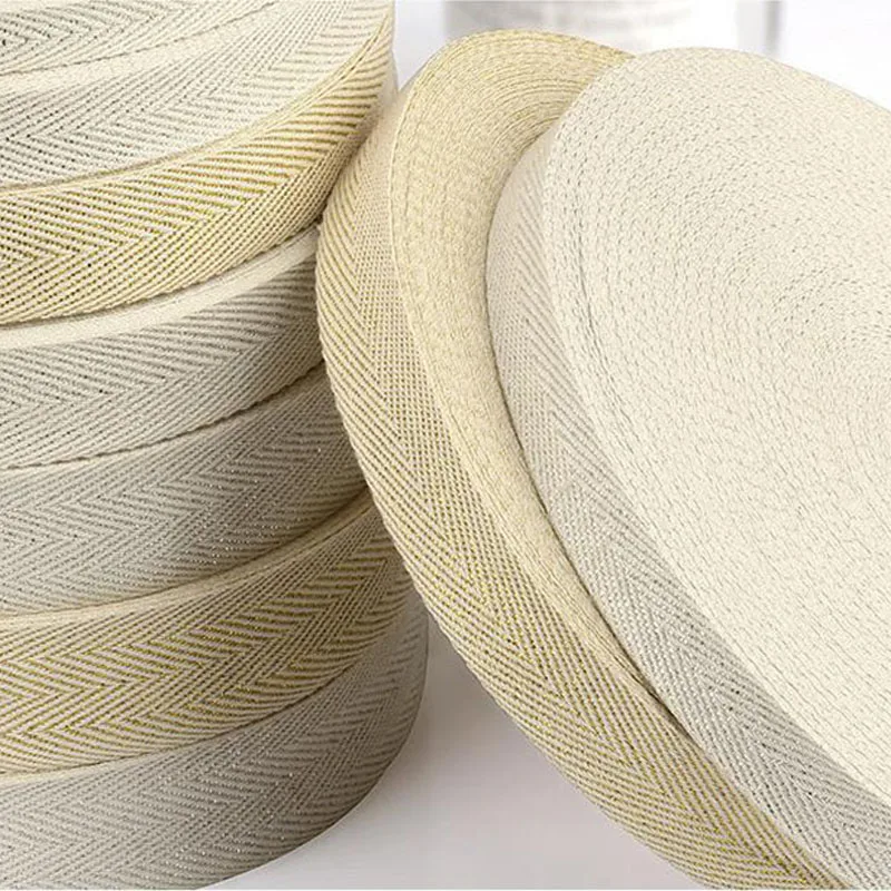 50 Yards/Roll Cotton Webbing Herringbone Twill Silver/Gold Wire Beige Ribbon DIY Sewing Accessories 10mm/15mm/20mm/25mm
