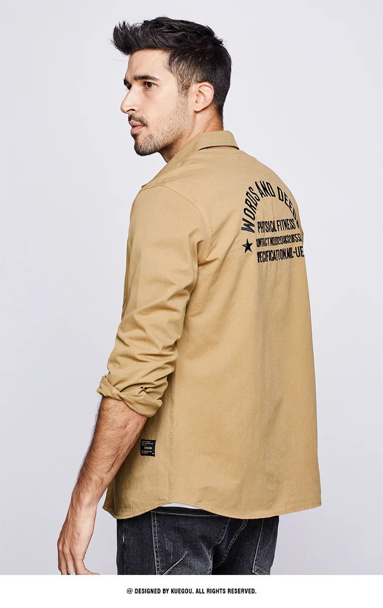 KUEGOU 2019 Осенняя 100% хлопковая рубашка с вышивкой мужская повседневная приталенная рубашка с длинными рукавами для мужчин, модная брендовая