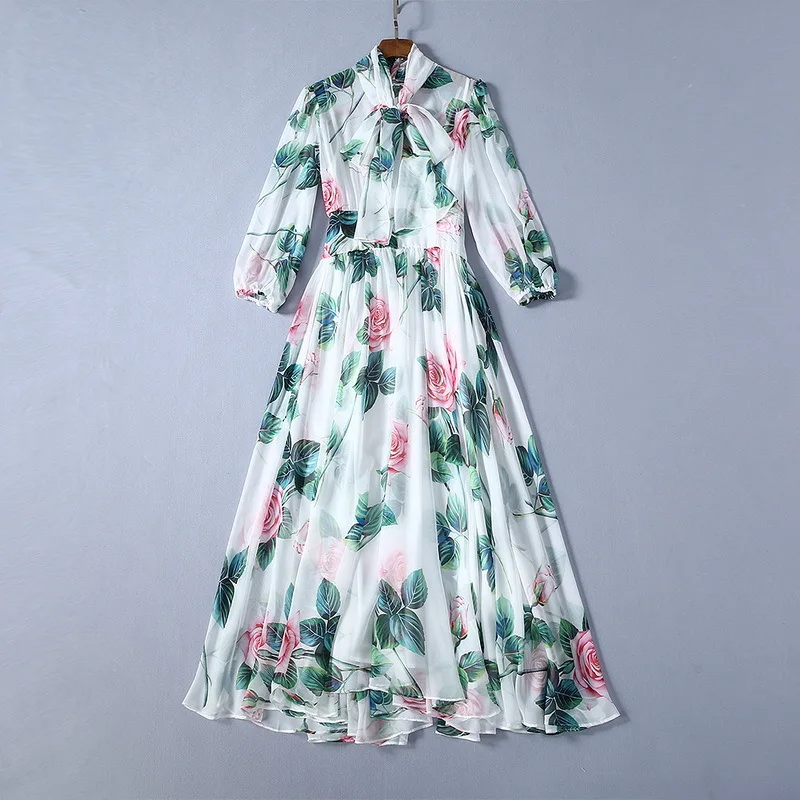 

European and American women's dress 2020 summer new styles Bow neck rose print seven - cent sleeve Fashionable dress