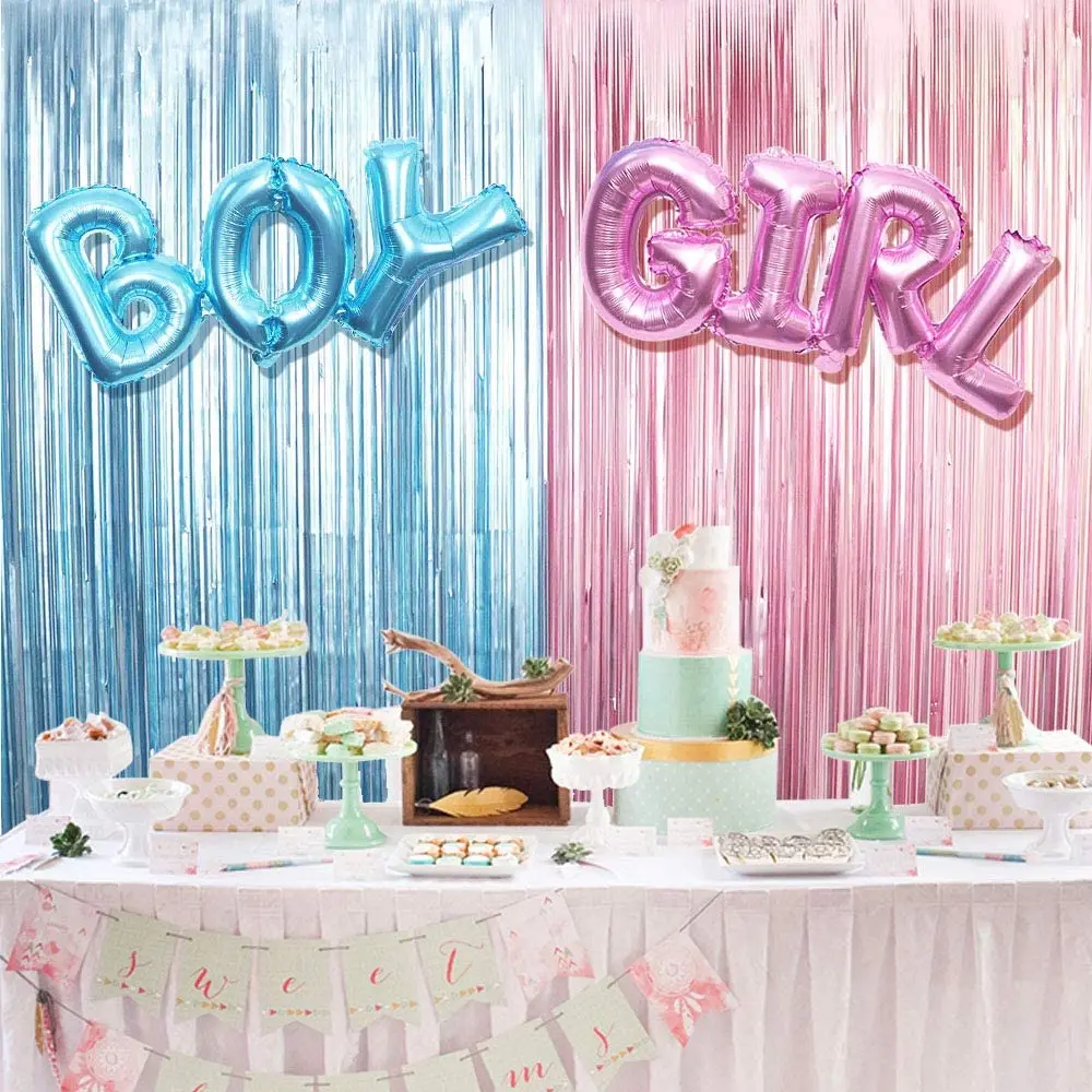 Gender Reveal Decor Metallic Fringe Curtains Blue BOY Pink Girl Foil Balloons Pink Blue Fringe Curtains Gender Reveals Supplies