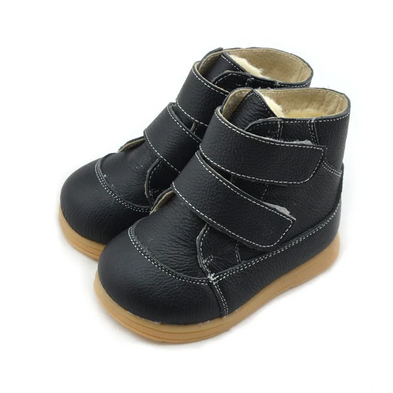 Г. Зимние детские ботинки из натуральной кожи с круглым носком Теплые хлопковые ботинки на толстом меху для мальчиков и девочек мягкая зимняя обувь для малышей - Цвет: Черный