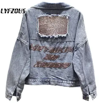 

Chic Sequins Denim Jacket Women Long Sleeve Letter Holes Frayed Stretch Short Coats 2020 Fashion Plus Size Women Jeans Jackets