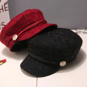 

Ladies Trendy Button Tweed Glitter Military Hat Spring Autumn Sailor Hats For Women Female travel cadet hat Captain Cap