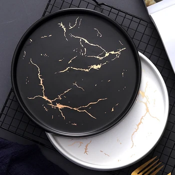 

20Cm Gold Marble Ceramic Dish Porcelain Cutlery Set Kitchen Table European Decorative Dessert Steak Plate