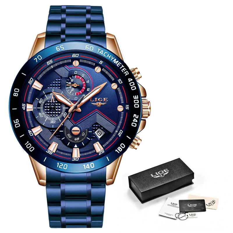 All blue LIGE новые модные мужские часы с нержавеющей сталью, Топ бренд, роскошные спортивные кварцевые часы с хронографом, мужские часы - Цвет: All blue