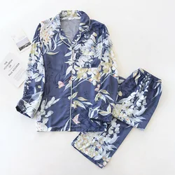 New Spring and Summer Ladies Viscose Pajamas, Long-sleeved Elegant Big Flower Home Wear, Casual Thin Two-piece Suit Plus Size