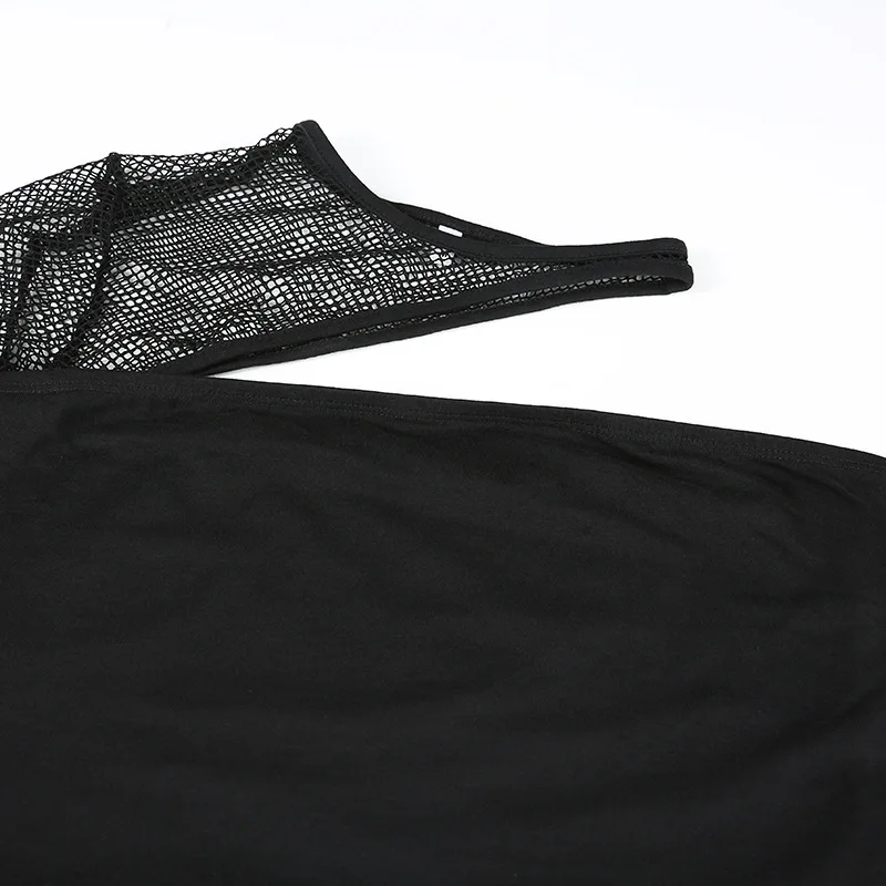 JIEZuoFang Moda Mujer,, женская футболка, Европейский, американский, сетчатый топ, сексуальный, полый, неровный, на одно плечо, черная, стежка, футболка для женщин