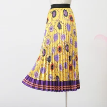 Женская юбка, осенняя Новинка, эластичная, высокая талия, для похудения, Ретро стиль, с принтом, до колена, плиссированная юбка