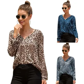 

Womens Autumn Long Sleeve Chiffon Blouse Sexy V-Neck Leopard Printed Shirts High Low Asymmetric Hem Casual Loose Pullover Tops