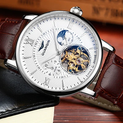 GUANQIN Мужские механические часы automatic Tourbillon Relogio Masculino золотистый верх брендовые роскошные кожаные Наручные часы со скелетом 16036 - Цвет: B