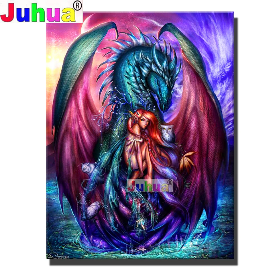 Woman and dragon Wall Art diamond painting Full Square/Round drill 5d embroidery portrait 3d cross stitch fantasy Gift | Дом и сад