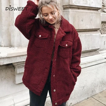 

Fashion Button Lapel Plush Jacket Female Casual Women Single Breasted Wool Coats Winter Loose Solid Color Jacket Street Apparel
