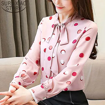 

2019 Autumn Fashion Women Chiffon Blouses Long Sleeve Bow Women Clothing Casual Pink Dot Women Tops Office Lady 5561 50