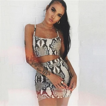 

Elegant Snake Print Two Piece Set Women Summer Sleeveless Bandage Crop Top Skirt set Party Clubwear 2 piece set Girls Streetwear