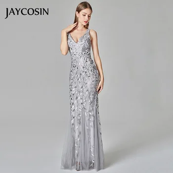 

JAYCOSIN Dresses Sexy V-Neck Floor-Length Women's Dress Sleeveless Trumpet Beaded Embroidered Dress Slim Party Sundress 2020 D#7