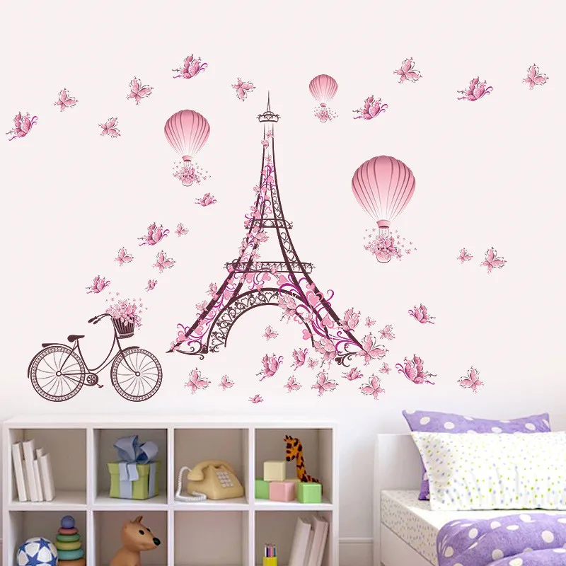 Romantic Eiffel Tower Love Couple Wall Sticker Decals Living Room Decoration Bicycle Flower Hot Air Balloon Wedding Decoration