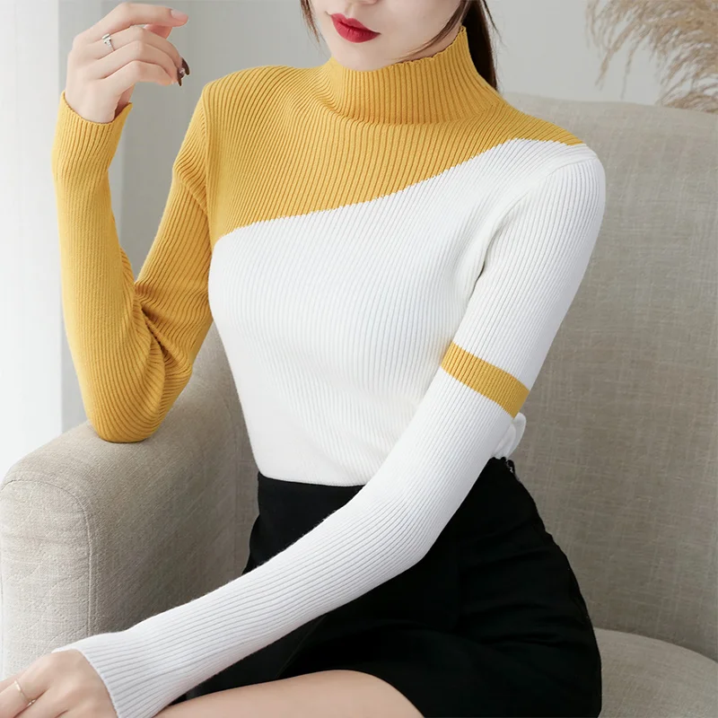 H han queen контрастный цвет осень зима трикотажный свитер для женщин свитера джемпер Мода водолазка джемпер женский - Цвет: yellow