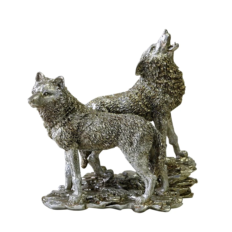 ResinWolfFigurineGreyWolfCoupleMiniatureWildAnimalTotemDecor