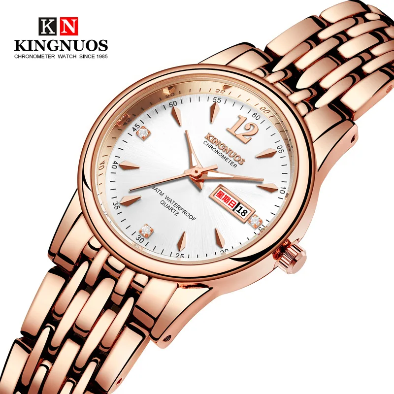 Rose Gold Ladies Watch KINGNUOS Luxury Brand Stainless Steel Women Watches Couple Female Quartz Clock calendar 2