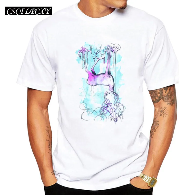 

Asian Size new fashion Regular Deer design men t shirt Hand-painted animal printed male casual tops short sleeve novelty tee