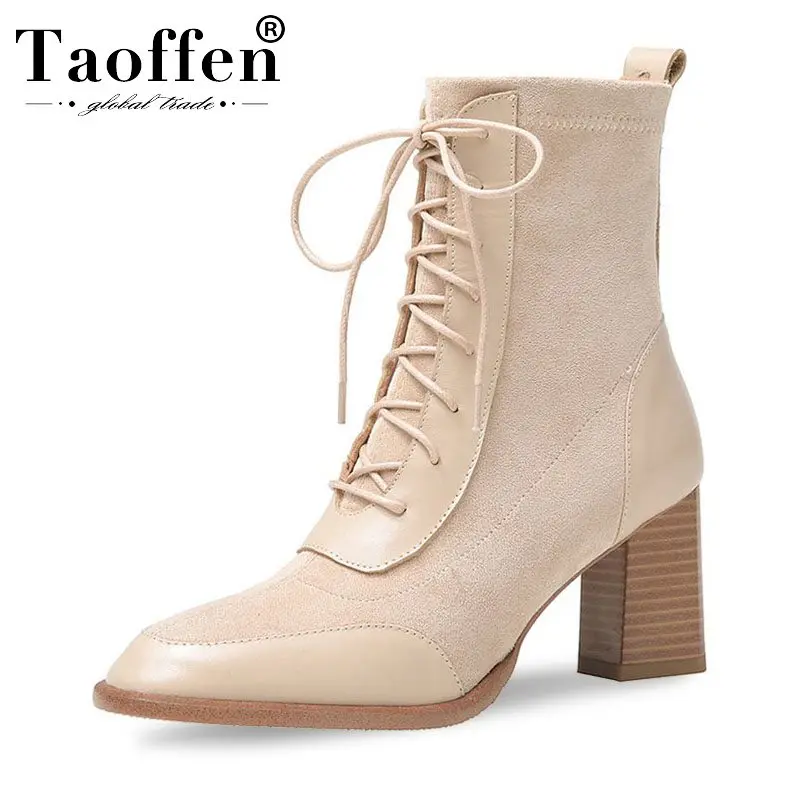 

Taoffen Real Leather Women Ankle Boots Thick Heel Patchwork Lacing Office Pure Ladies Shoes Women Casual Footwear Size 34-39