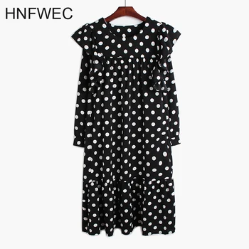 

Women Dot Printed Split Big Size Temperament Dress New Round Neck Long Sleeve Loose Fit Fashion Spring Autumn 2020 V824