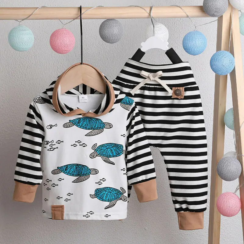 

0-24M Baby Autumn Winter Clothing Newborn Baby Boys Girls Clothes Turtle Striped Hoodie Tops Long Pants Legging 2pcs Outfits Set