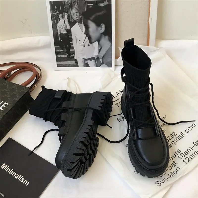 Vrouwen Mid Kuit Laarzen Herfst Winter 2021 Nieuwe Dames Casual Platform  Elastische Sok Laarzen Mode Black Lace Up Vrouw gothic Schoenen|Driekwart  Laarsjes| - AliExpress