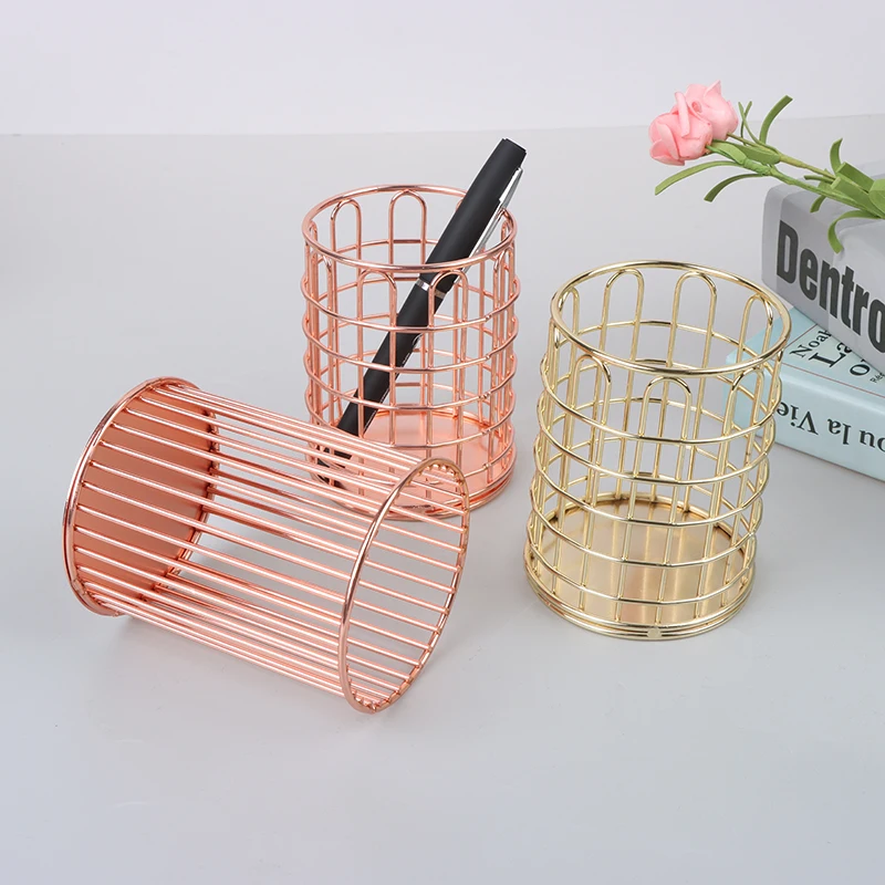 Pen Holder Desktop Office School Storage Case Metal Gold Rose Gold Box Desk Pen Pencil Organizer Home Decor Makeup Storage