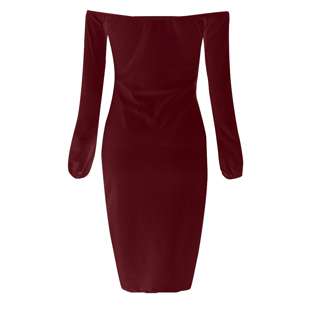 

Women's Off Shoulder Long Sleeve Dress Solid Color Sexy Front Drawstring Bodycon Mini Dresses New Fashion