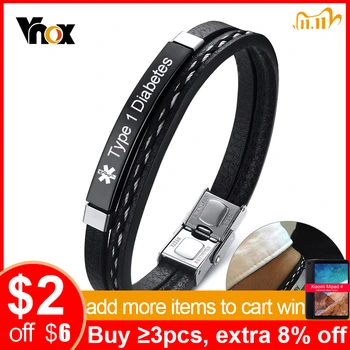 

Vnox Stylish Medical Alert ID Bracelets for Men Women Layered Leather Stainless Steel Bangle Free Personalize Casual Pulseira