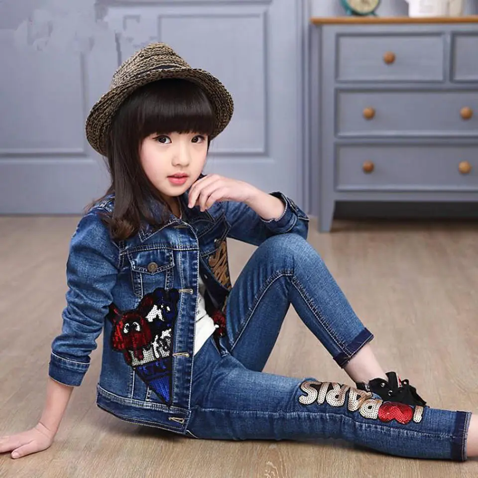 Baby Girl Clothes 4 5 6 8 10 12 Years Girls Clothing Set Denim Jacket+ Jeans 2pcs Flower Girl Suit Cotton Casual Girls Outfits