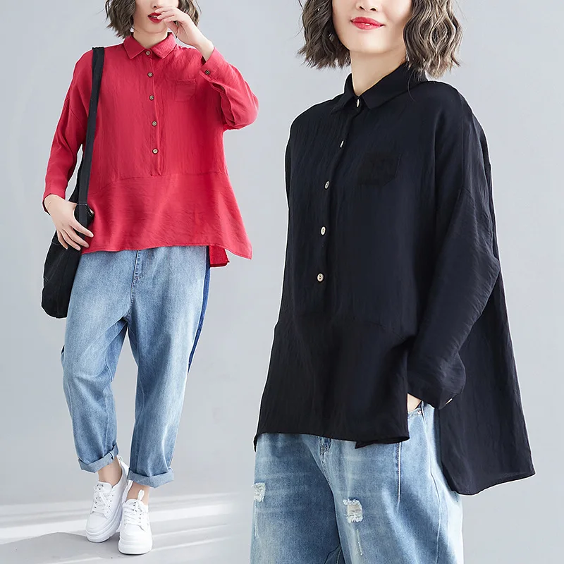 

2019 Spring And Summer Korean-style Loose And Plus-sized Literature And Art Fold-down Collar Fat Mm Front Short Long Back Cotton