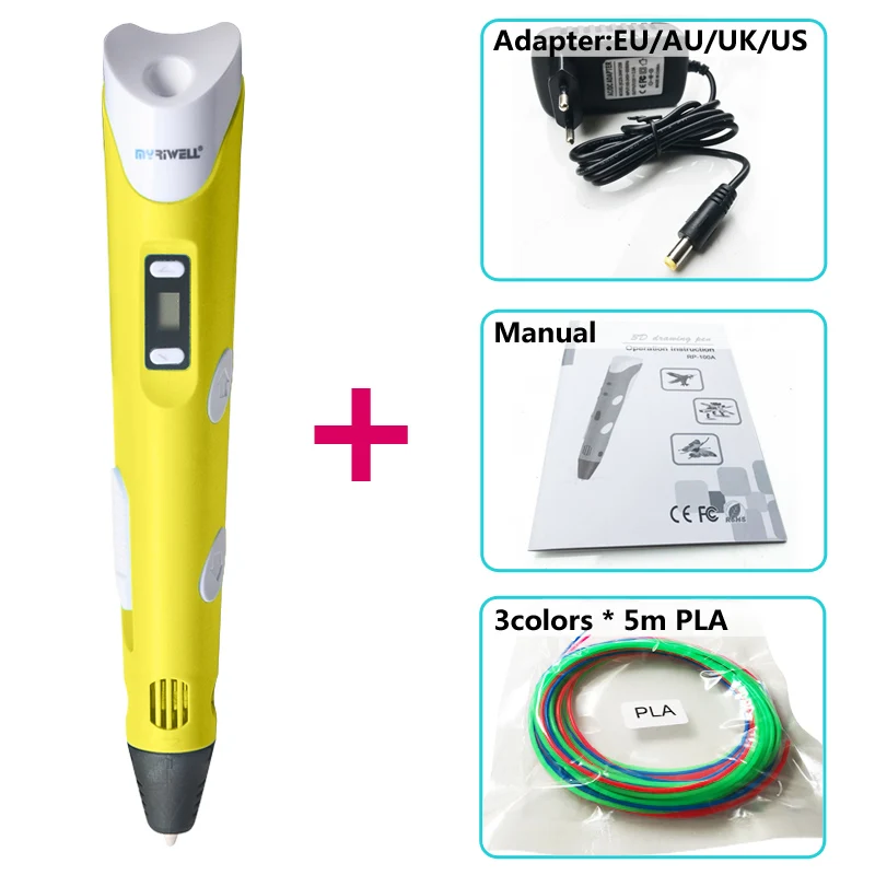 Myriwell 3d ручки, светодиодный дисплей, ABS/PLA нити, 3 d ручка, Смарт 3d ручка с принтом, лучший подарок для детей - Цвет: Yellow