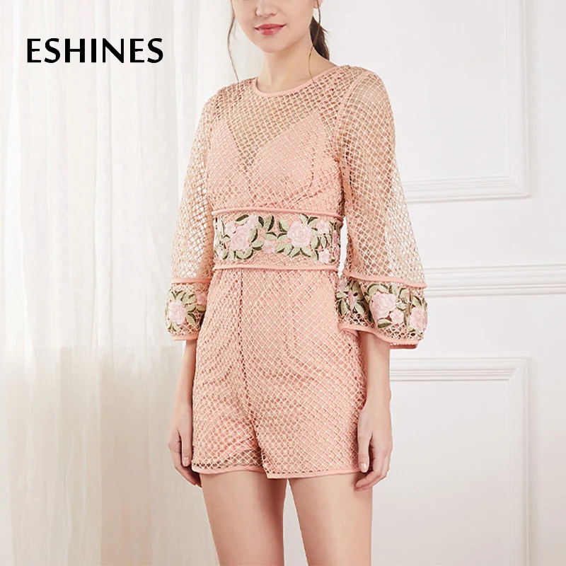 

ESHINES Summer Sexy Hollow Out Short Jumpsuits Sweet Pink See Through Chic Floral Embroidered High Waist Loose Jumpsuits