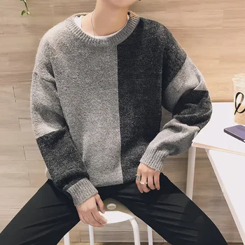 

Winter Sweater Men's Warm Contrast Color Stitching Casual Knit Pullover Man Wild Loose Long-sleeved Sweater Male Clothes