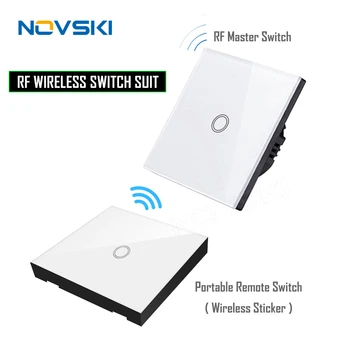 

Home EU/UK smart touch switch RF remote crystal tempered glass screen 27A 12V battery anywhere to control ON/OFF, 1 open white