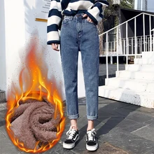 Винтажные штаны-шаровары для мальчиков, зимние джинсы, флисовые джинсы, теплые хлопковые женские джинсы, свободные женские вельветовые джинсы с высокой талией