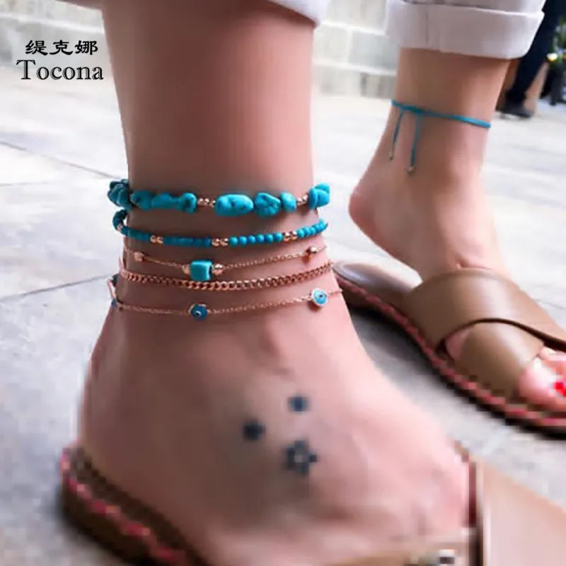 Tocona Boho 5 шт./компл. Натуральный камень Сандалеты с перепонкой на лодыжке для Для женщин бисером глаза в виде геометрических фигур средства ухода за кожей стоп Браслеты пляж ювелирные изделия аксессуары A03503
