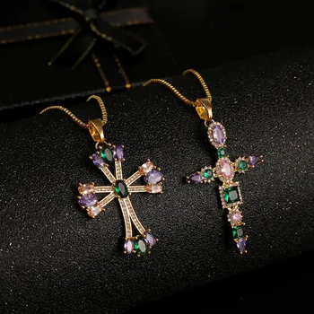 

High Quality 2020 Personalized Multicolor Cubic Zirconia Cross Necklaces & Pendants Women Fashion Copper Gold Chain Necklace